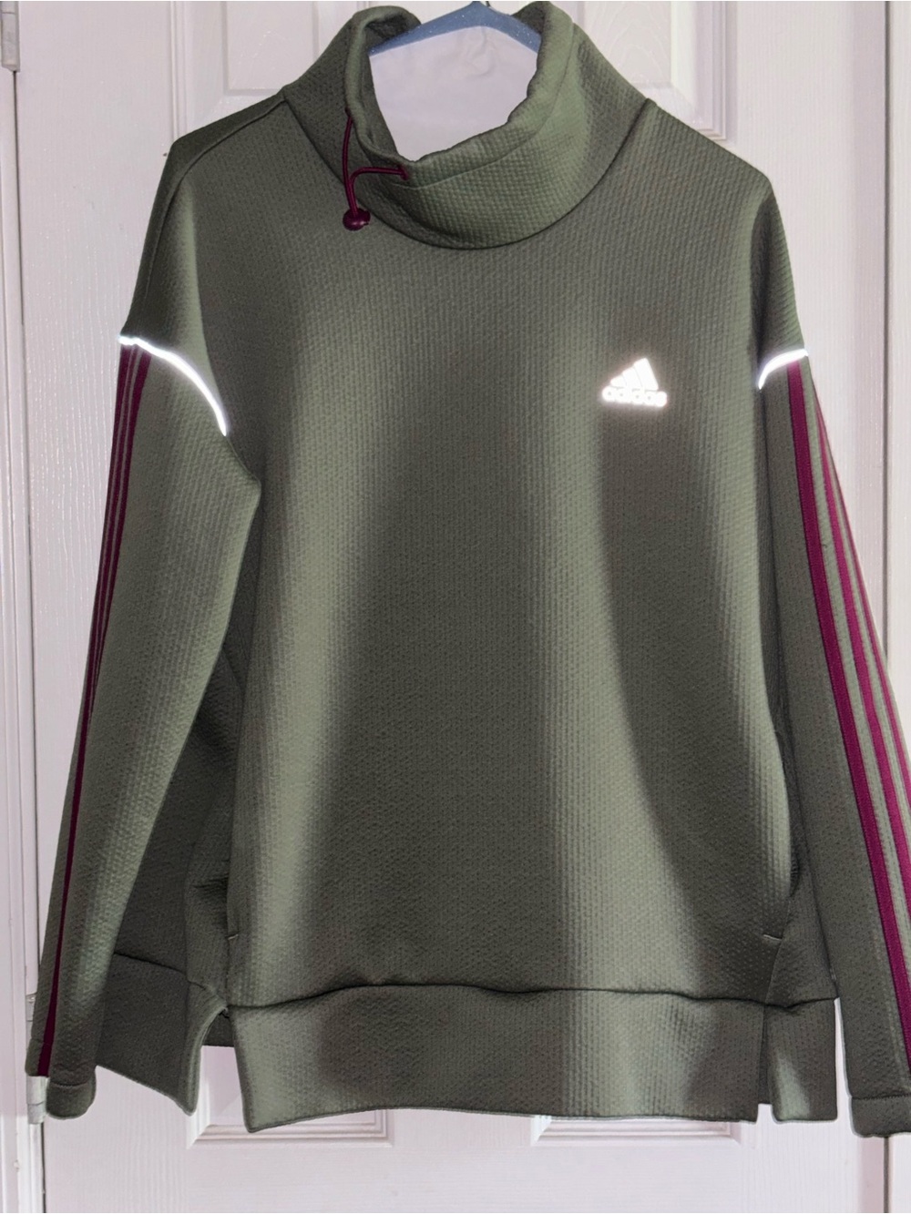 adidas Olive Green Cowl Neck Sweater with Pink Stripe Accents
